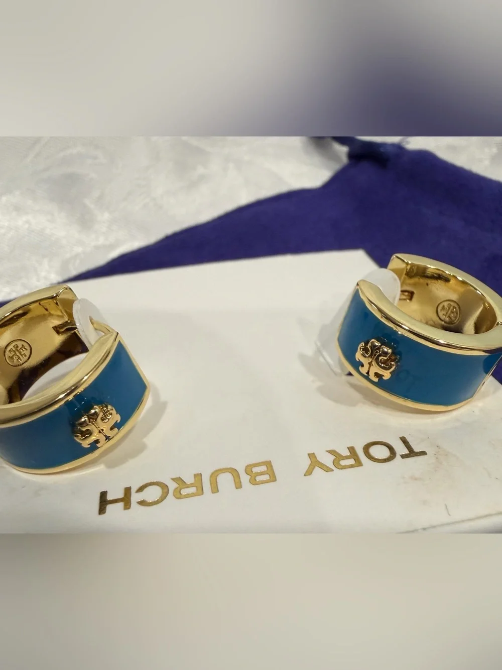 Tory Burch Gold-Tone and Teal Enamel Hoop Huggie Earrings New